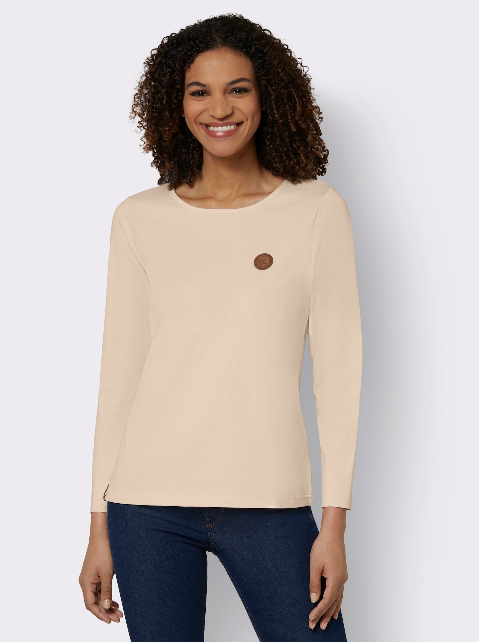 Longsleeve mit paspeliertem Rundhals-Ausschnitt - elfenbein