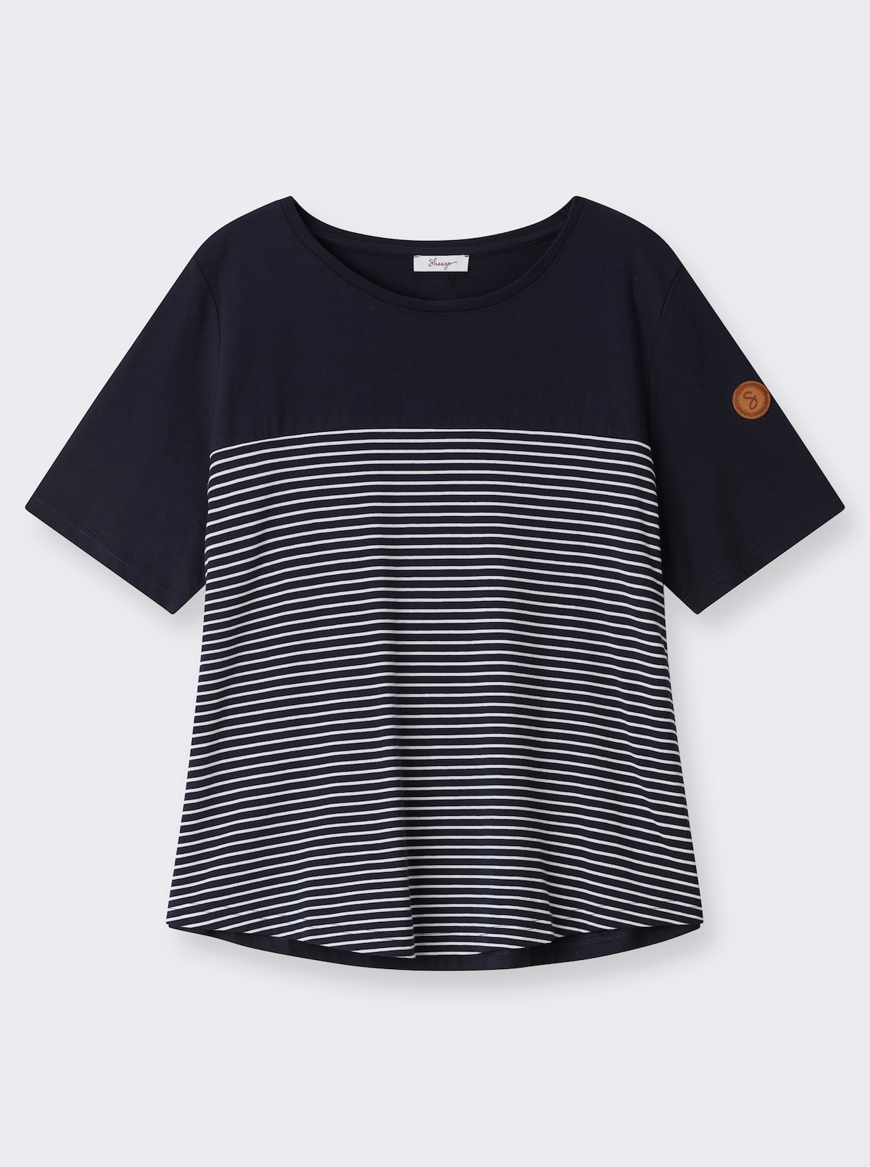 sheego T-shirt à rayures ajusté - bleu foncé-blanc à rayures fines