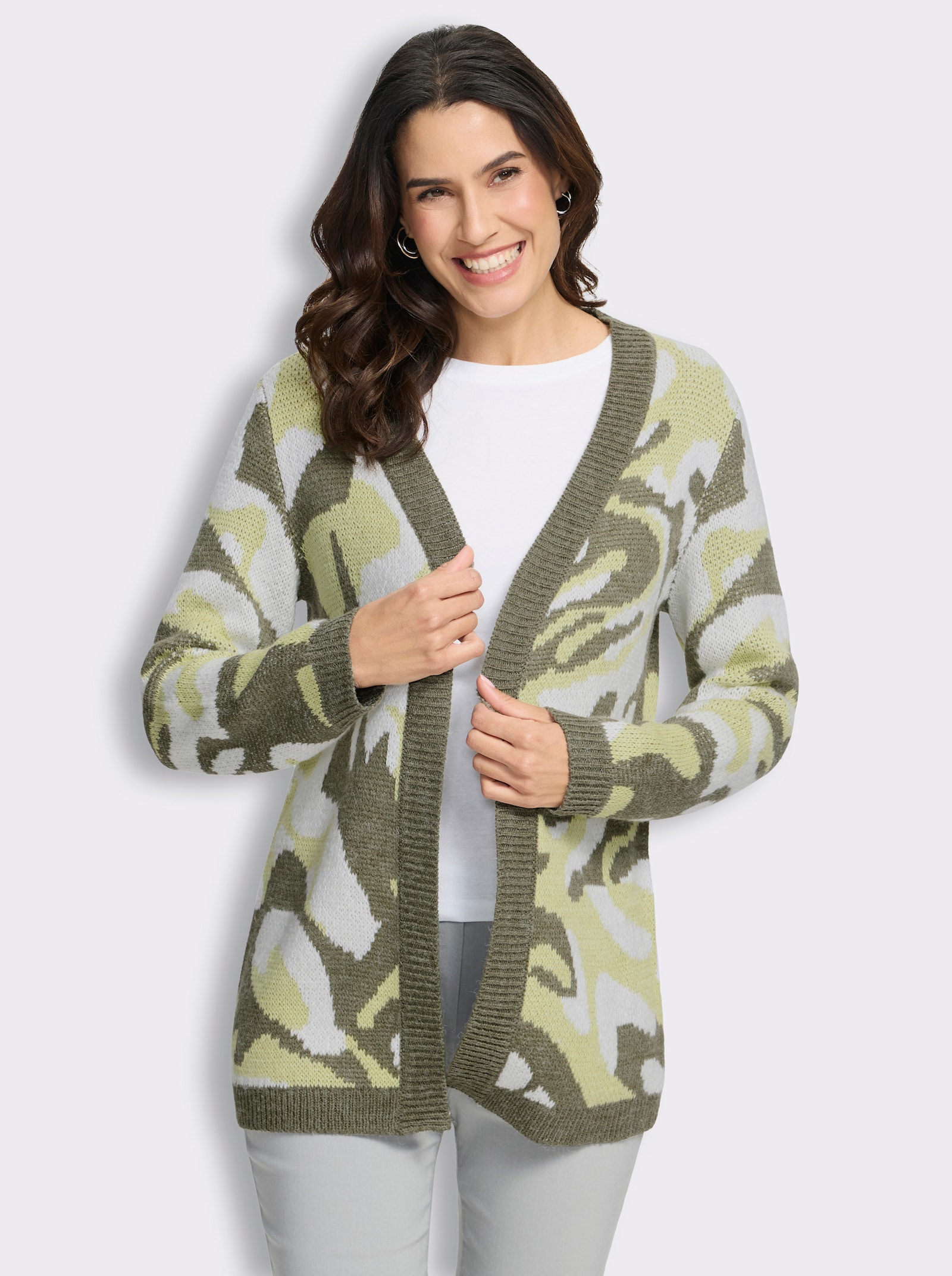 Jacquardstrickjacke in offener Form - pistazie-khaki-gemustert