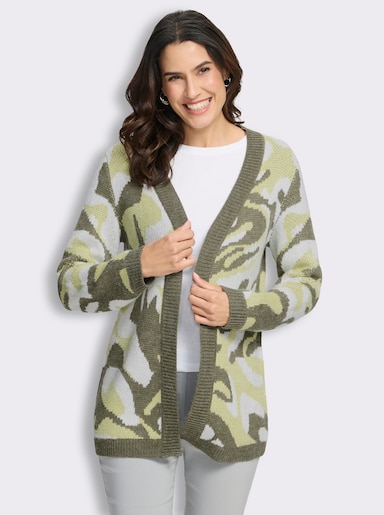 Jacquardstrickjacke in offener Form - pistazie-khaki-gemustert