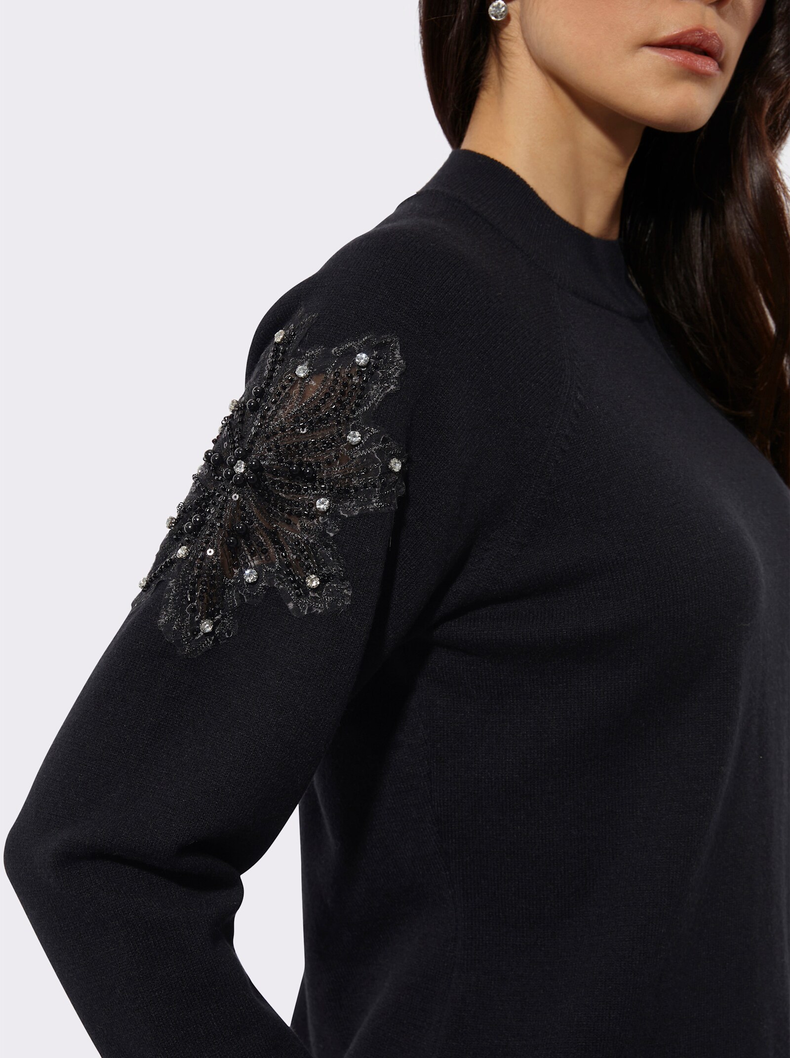 Langarm-Pullover mit besticktem Netzeinsatz - schwarz