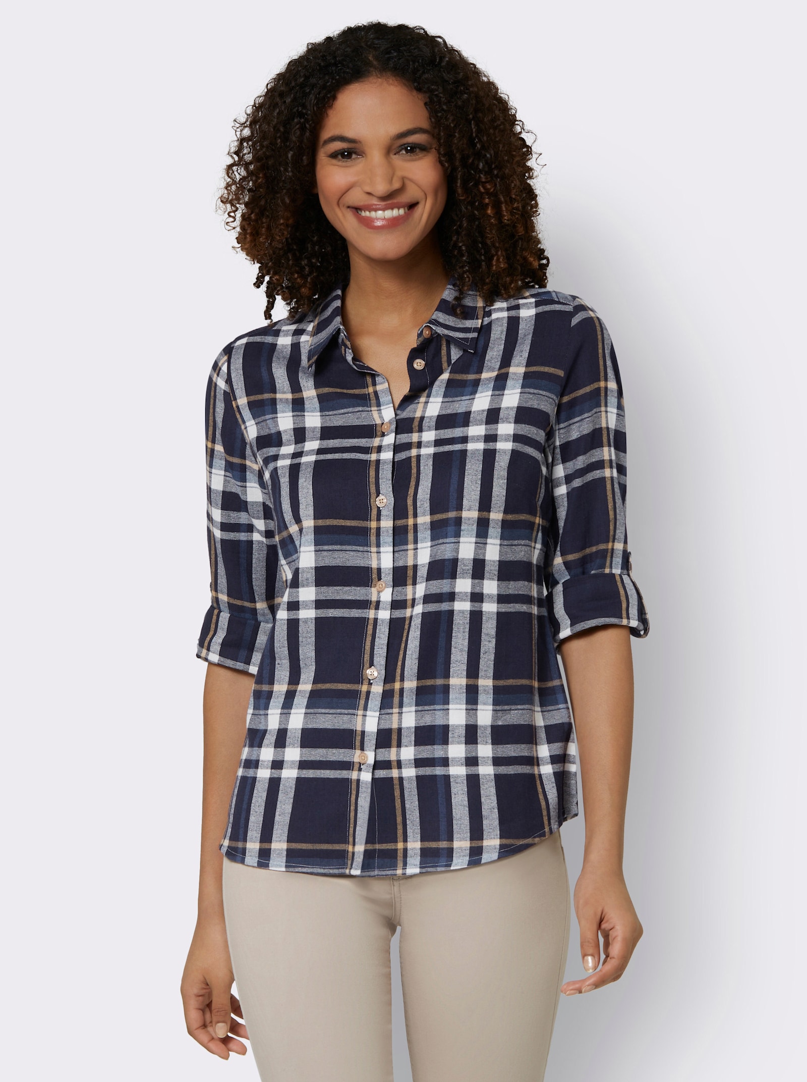 Flanellbluse mit krempelbaren Ärmeln - marine-camel-kariert