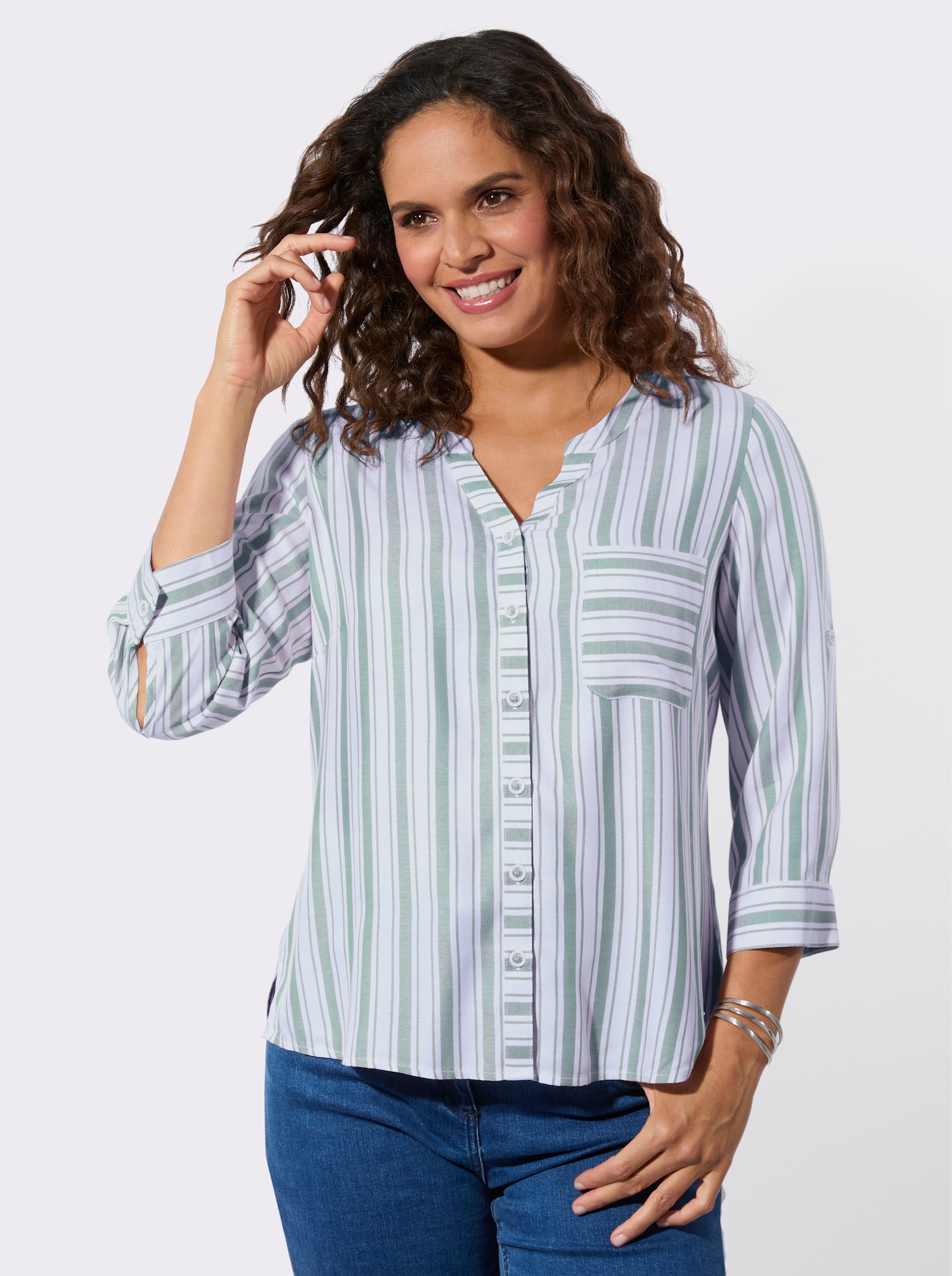 Gestreifte Bluse aus reiner Viskose - kalkmint-weiß-gestreift