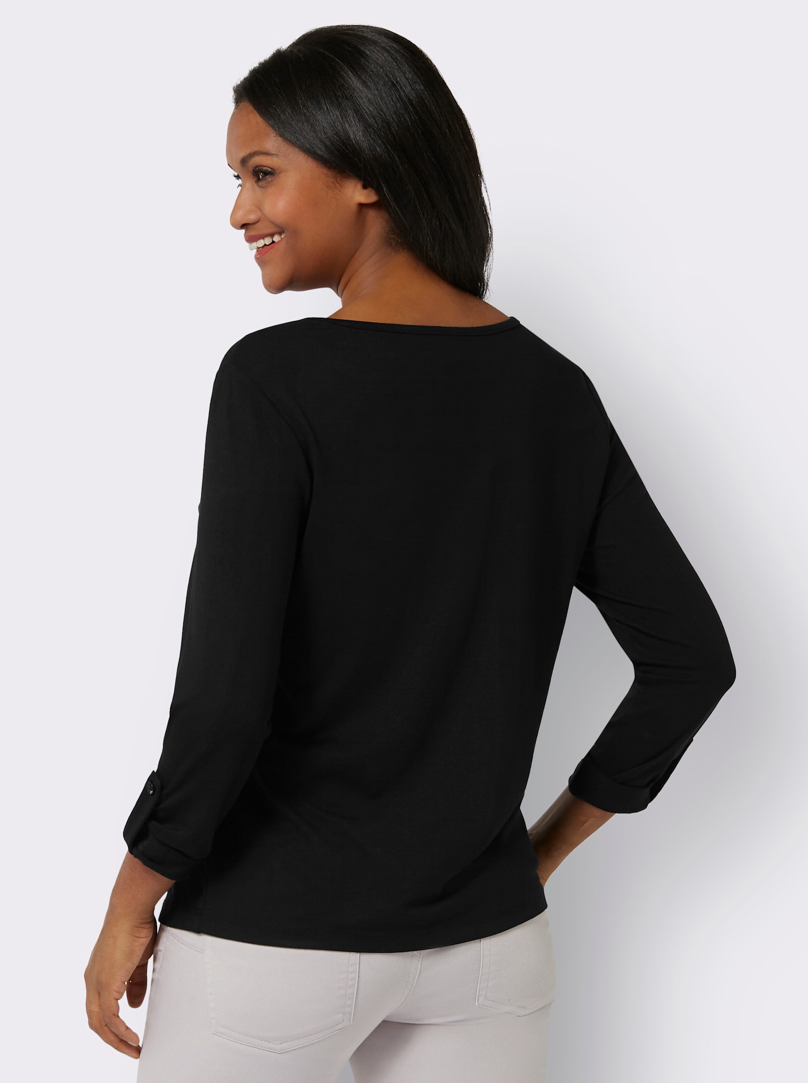 Shirt met 3/4-mouwen en met folieprint met glittersteentjes - zwart