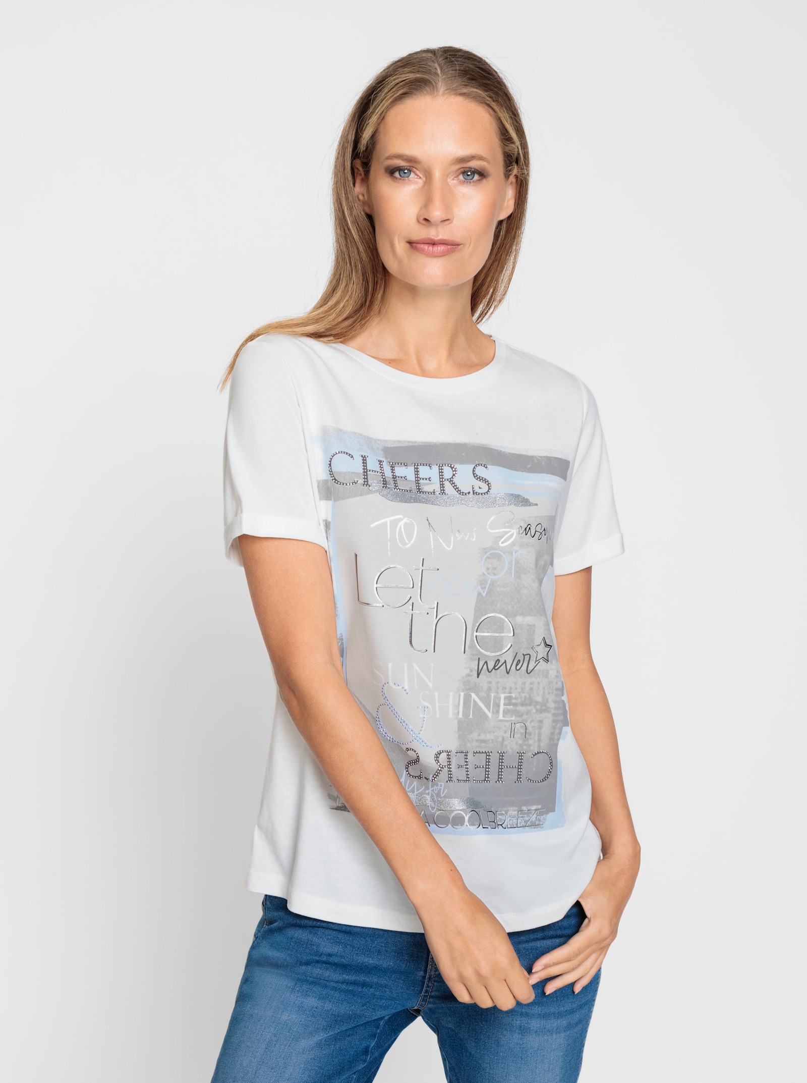 heine Kurzarmshirt mit Glanz-Print - ecru