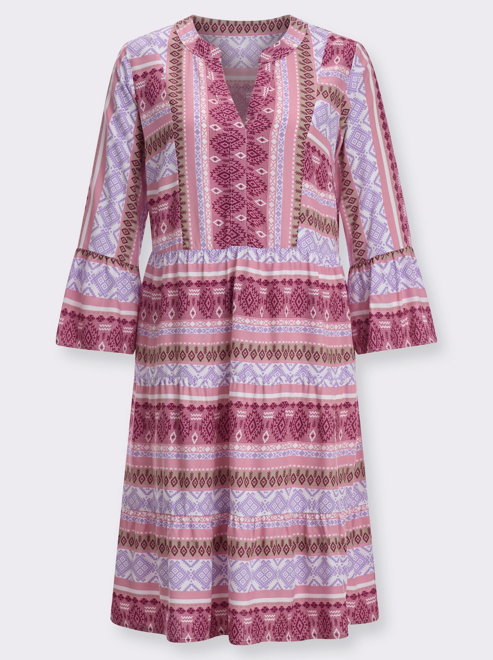 Stufenkleid mit Volant am Ärmelabschluss - altrosa-malve-bedruckt