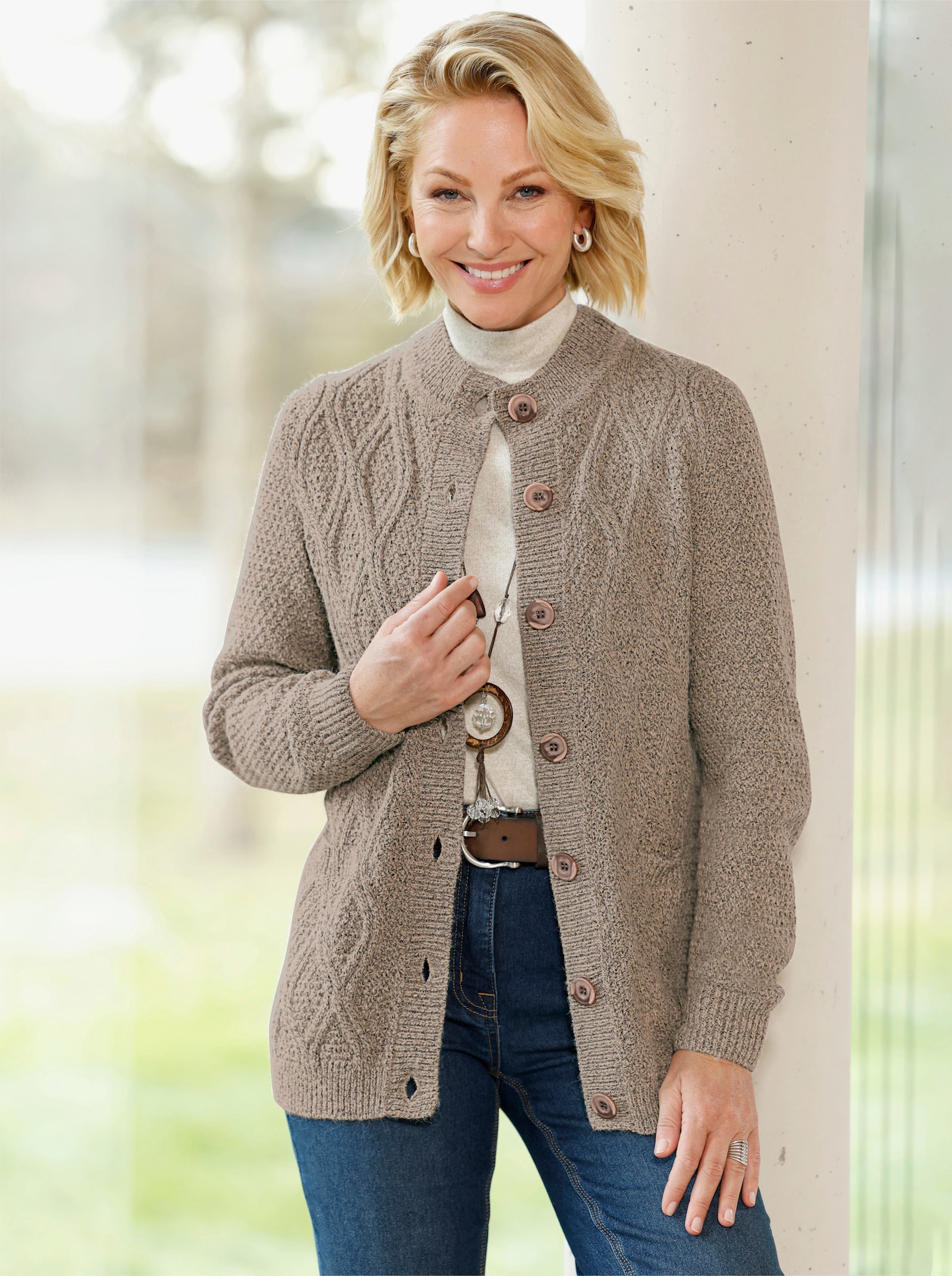 Strickjacke mit Rautenmuster - beige-meliert