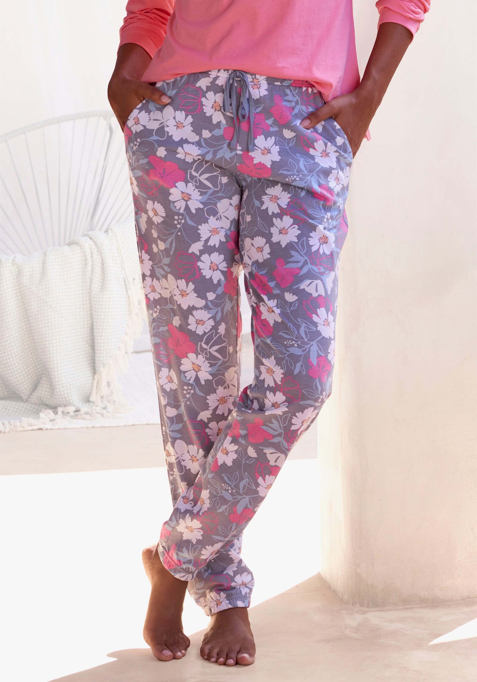 Vivance Dreams Pyjamahose - grau-rosa-geblümt
