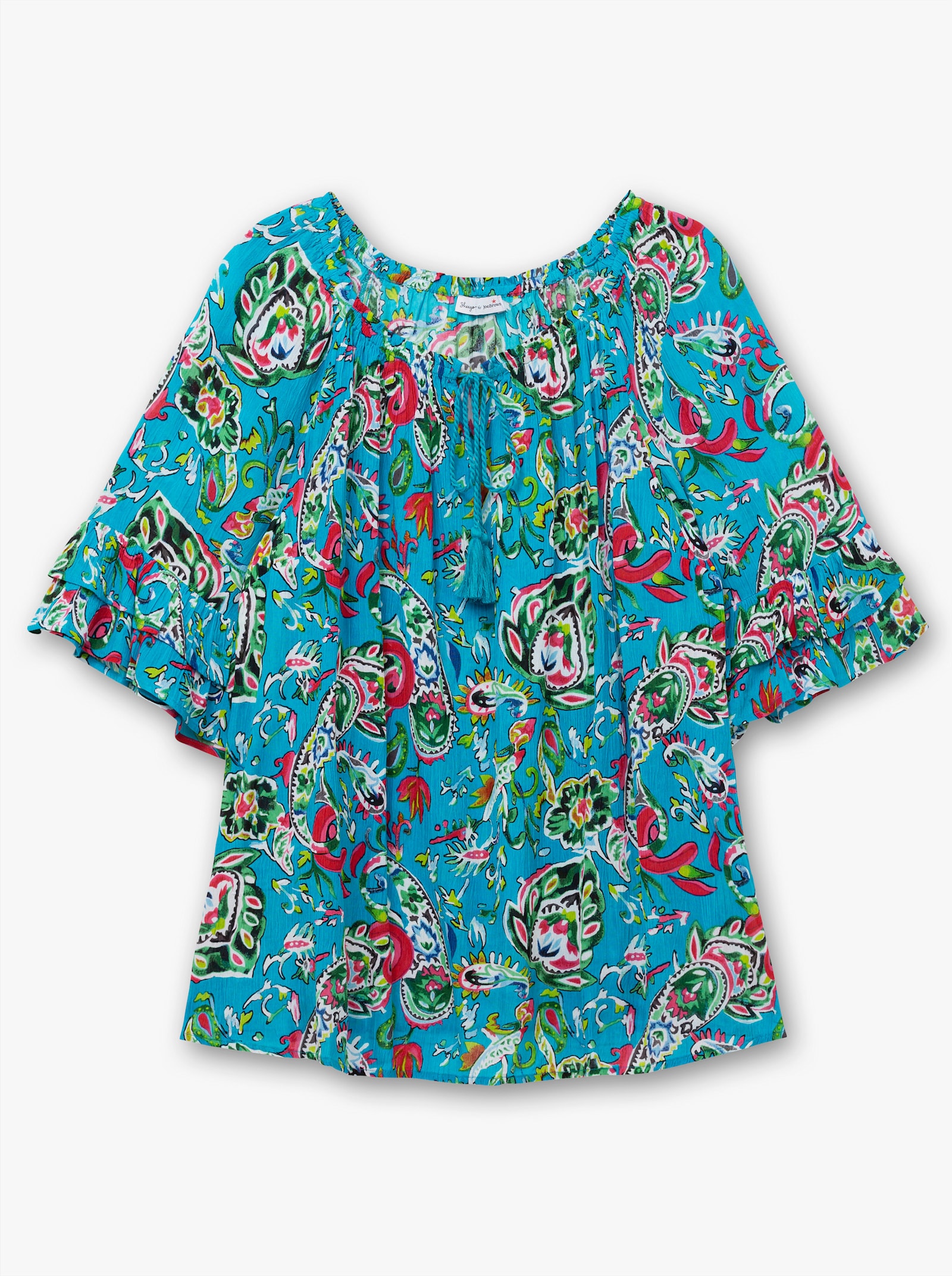 sheego by Joe Browns Blouse met plooien, paisleyprint en mouwen met ruches - blauw gedessineerd