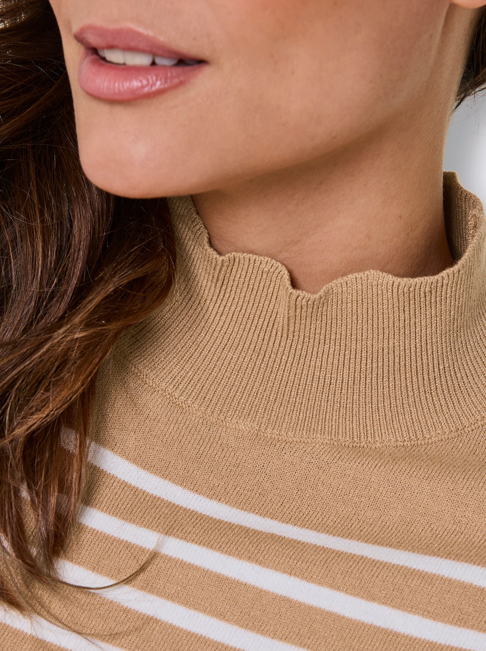 CREATION L PREMIUM Feinstrickpullover mit Wellenkante - camel-ecru-geringelt