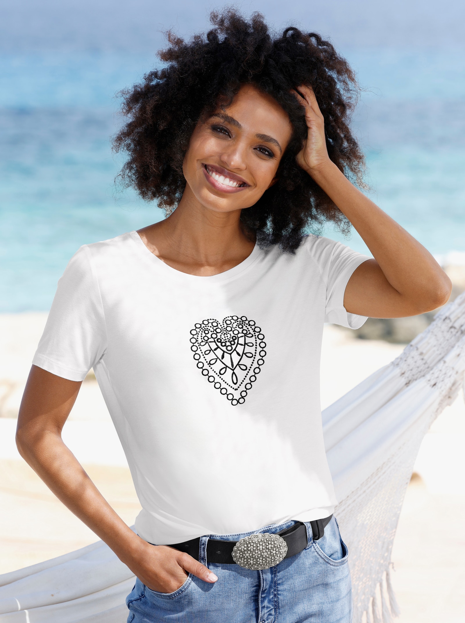 heine Shirt met ronde hals en borduurmotief - wit