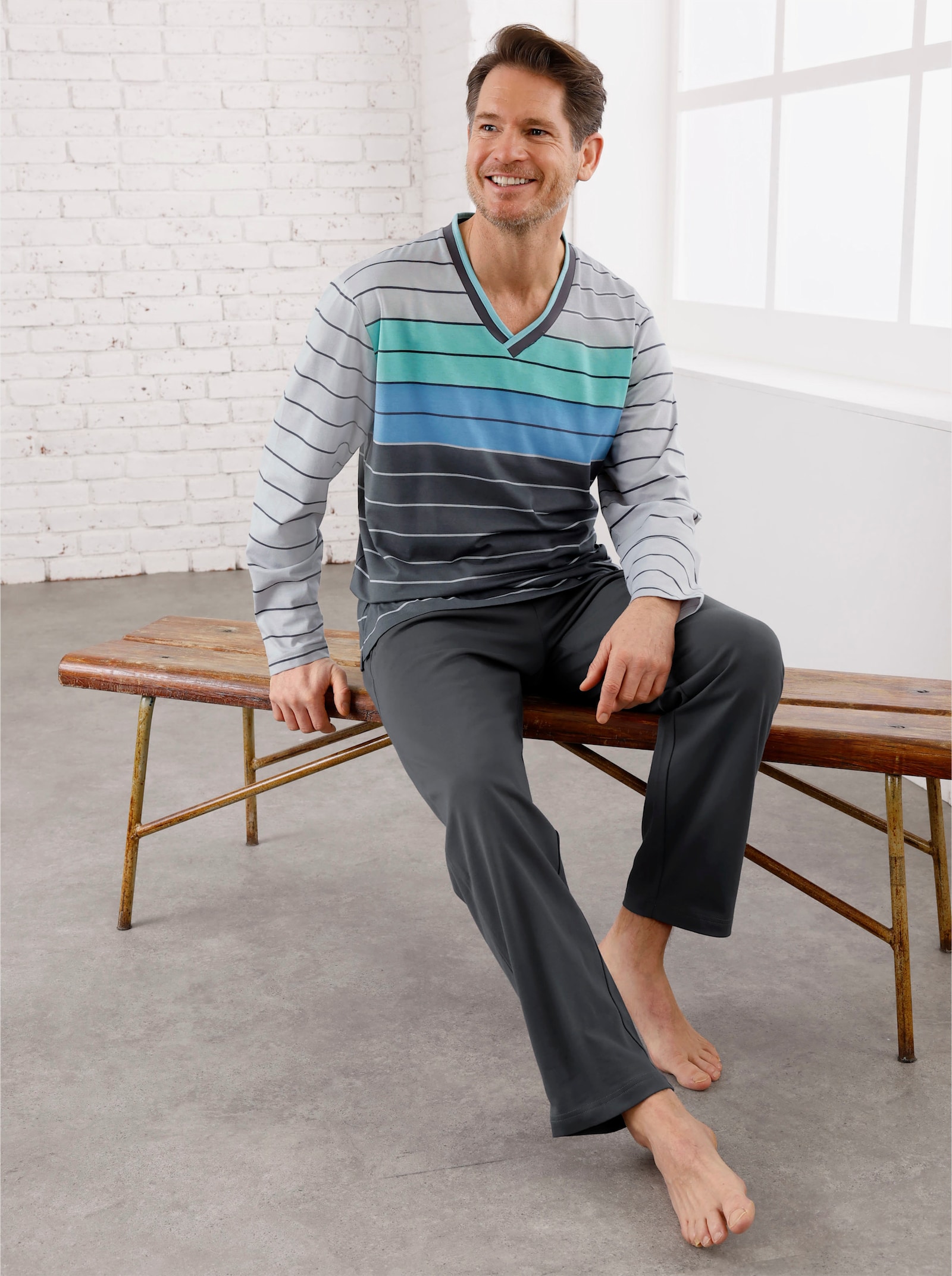 Hajo Schlafanzug - anthrazit-hellgrau-geringelt