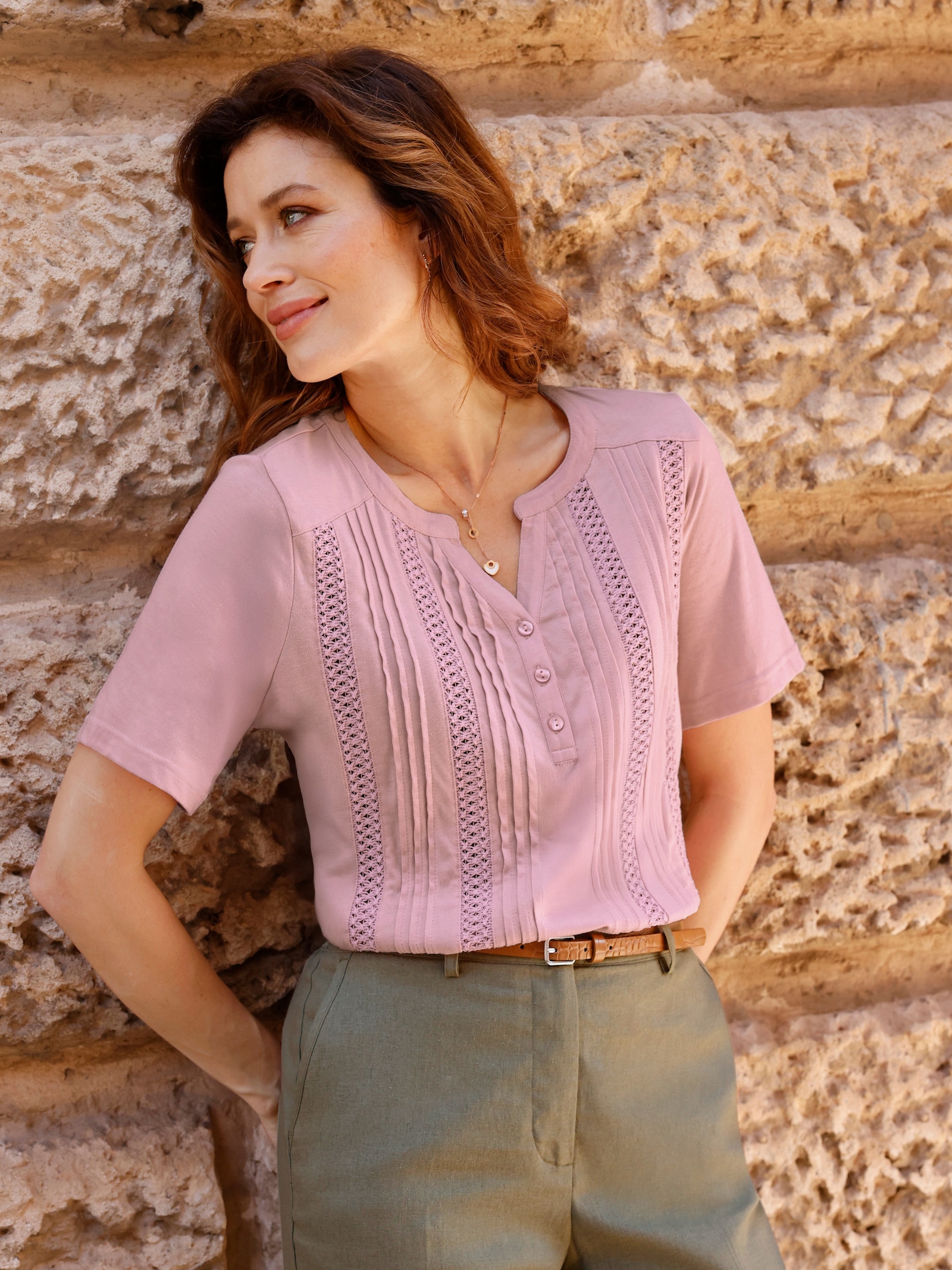 Kurzarmshirt mit glattem Rückenteil - rosé