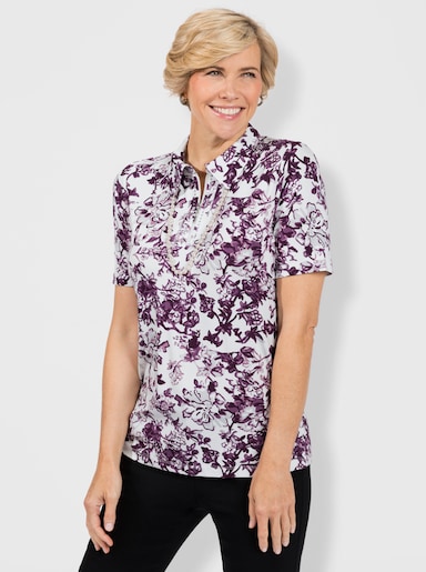 Kurzarmshirt mit kurzem Reißverschluss - violett-weiß-bedruckt