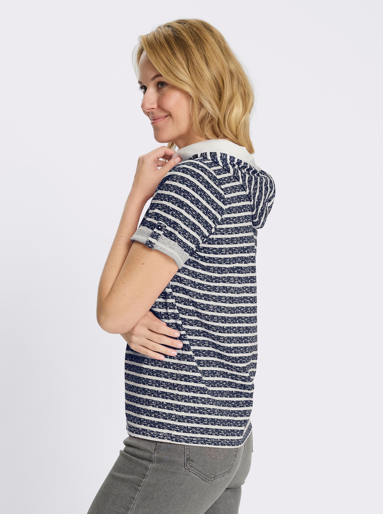 Kapuzenshirt mit kurzen Ärmeln - marine-ecru-bedruckt