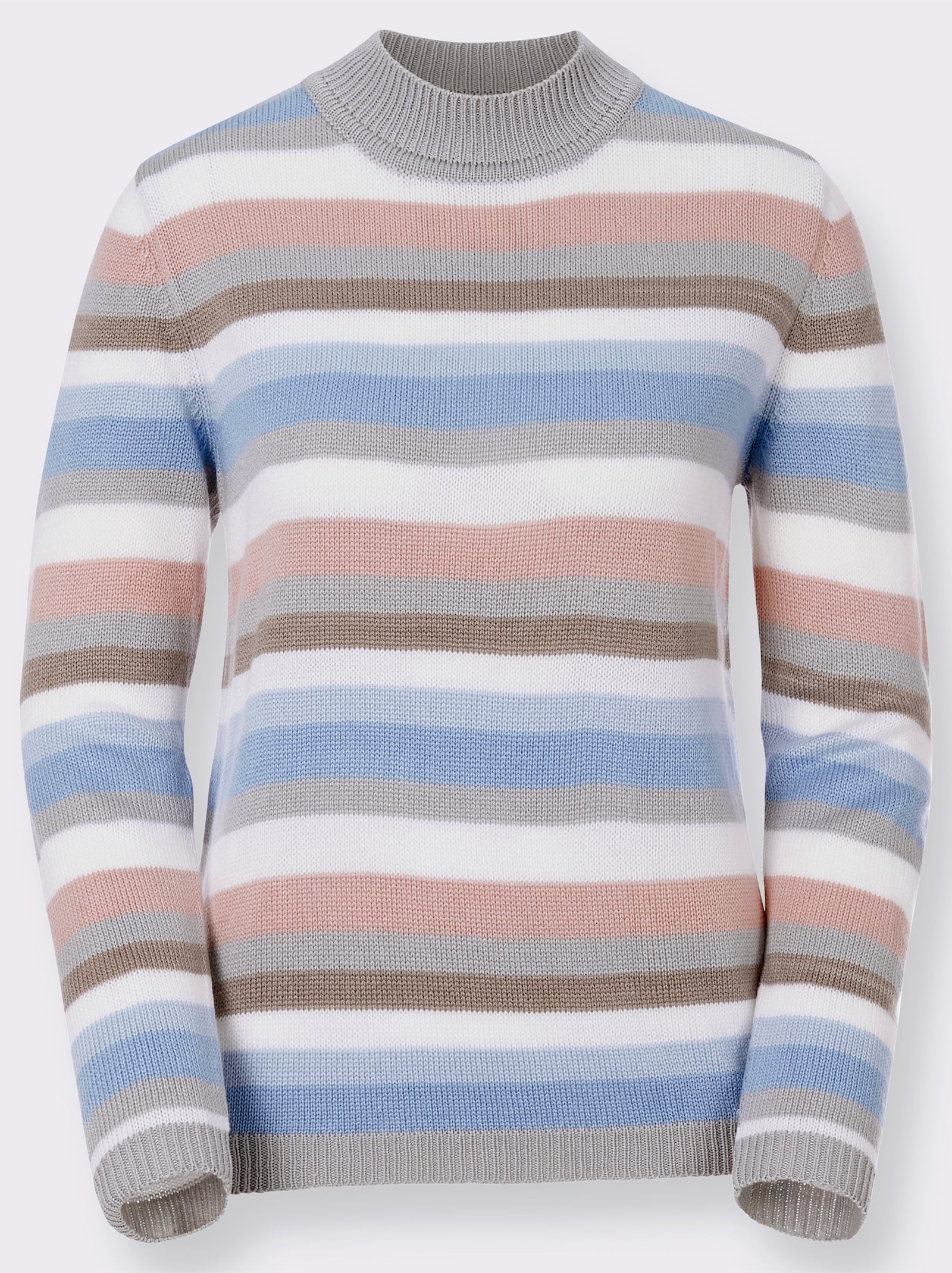 Stehkragenpullover mit geripptem Saum, Ringel-Druck - rosé-bleu-geringelt