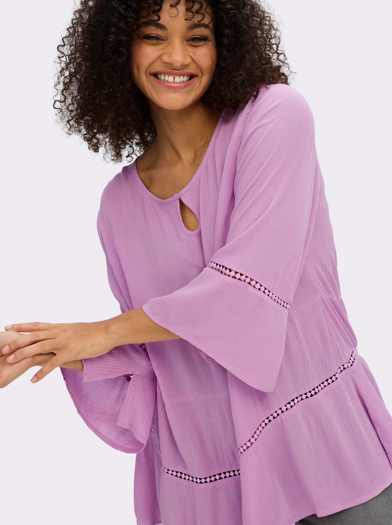 sheego Tunika mit 3/4-Arm und Lochmusterborte - orchidee