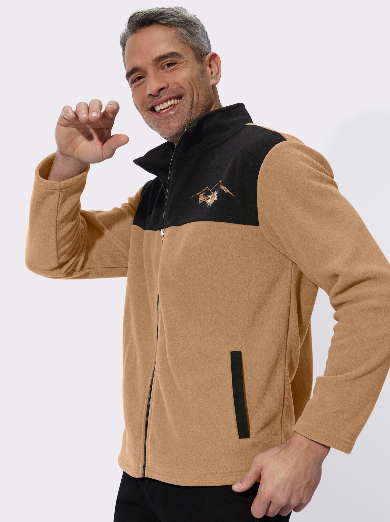 Fleecejacke mit Edelweiß-Stickerei - schwarz-camel