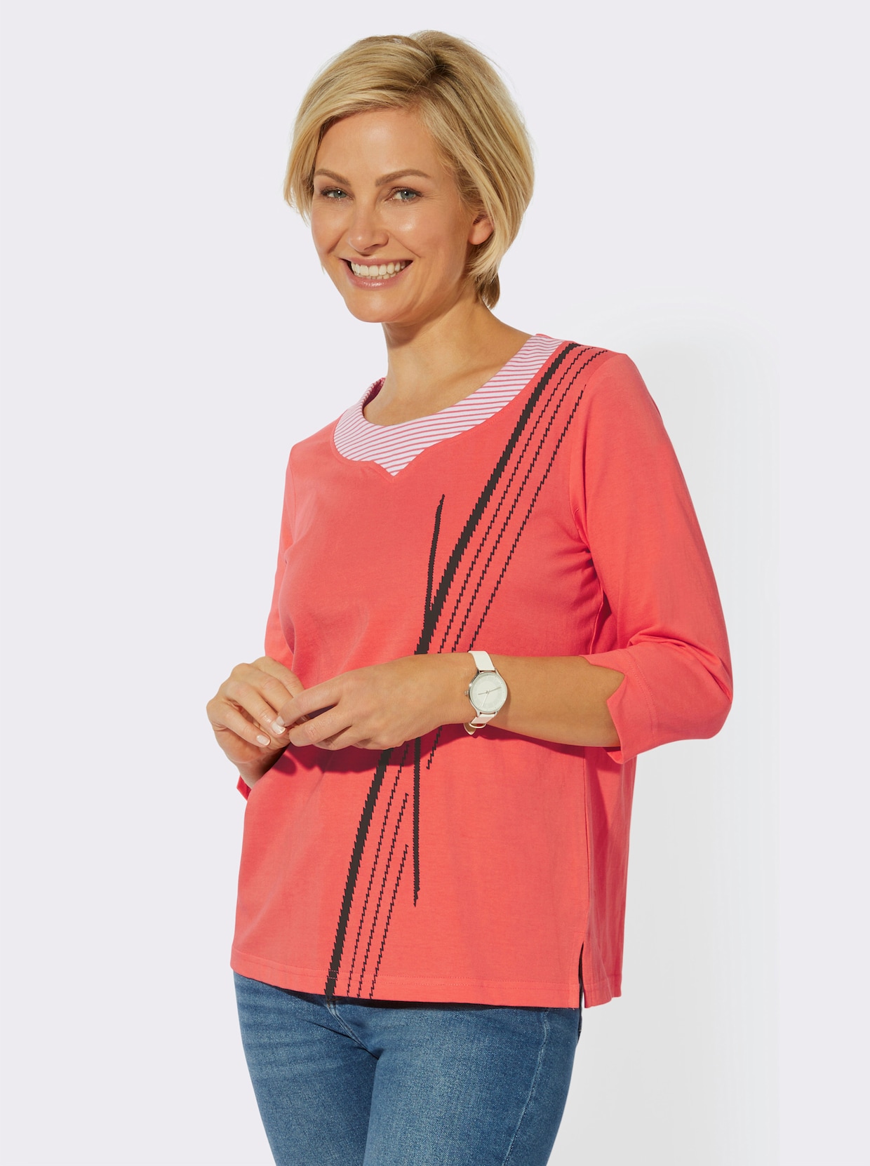 Shirt met 3/4-mouw - koraal/wit geprint