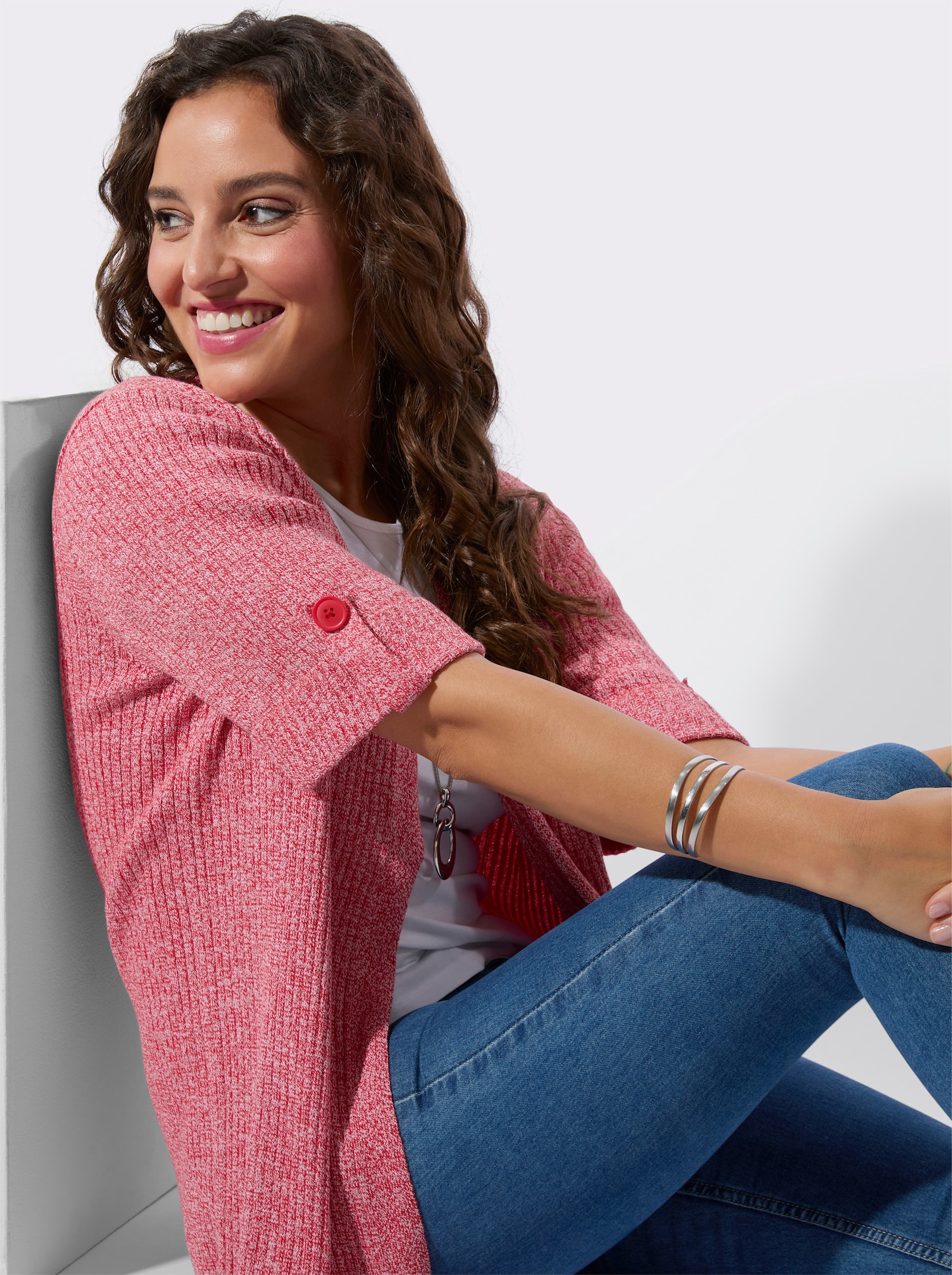 Vest van gemêleerd garen, onderhoudsarm - aardbei/wit gemêleerd