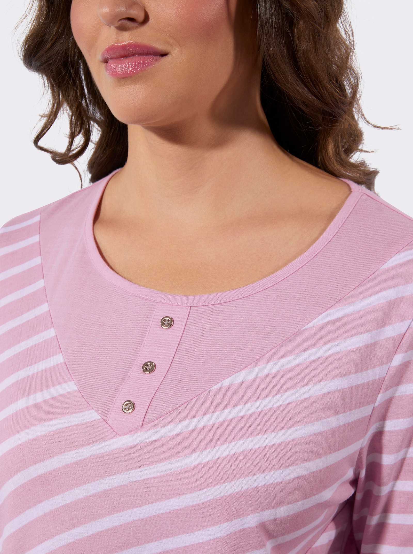 Ringelshirt mit Zierknöpfen - rosé-ecru-gemustert