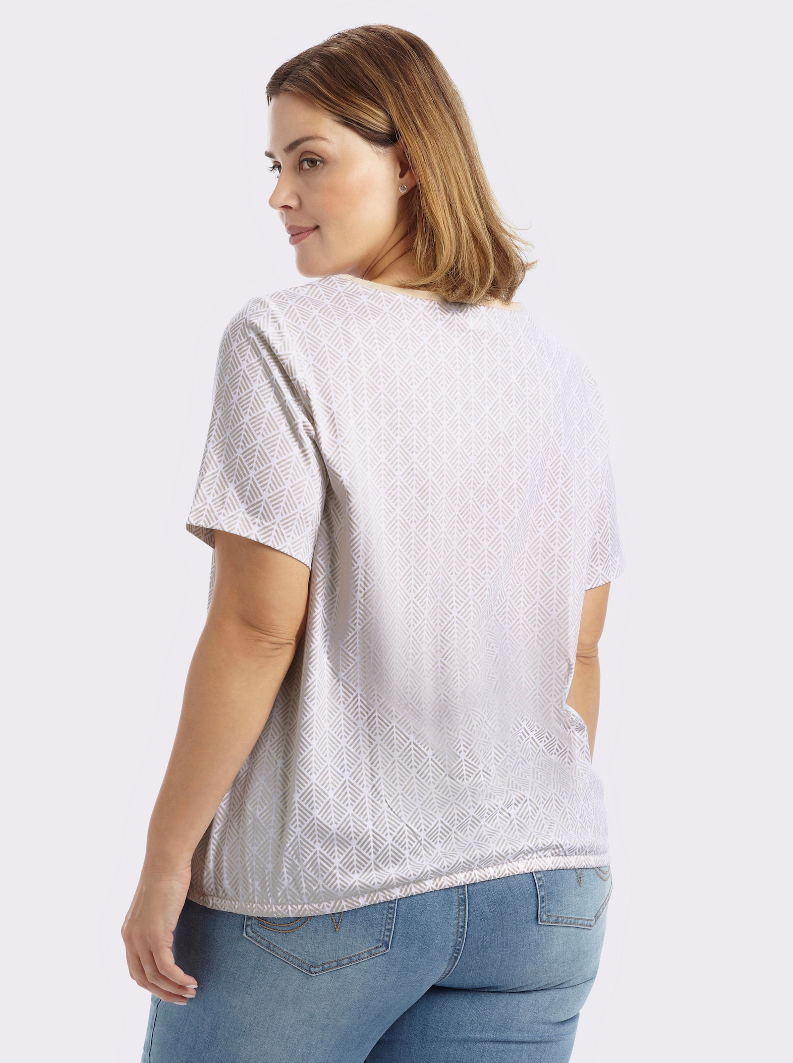 sheego Rundhalsshirt mit elastischem Tunnelzug - sand-weiß-bedruckt