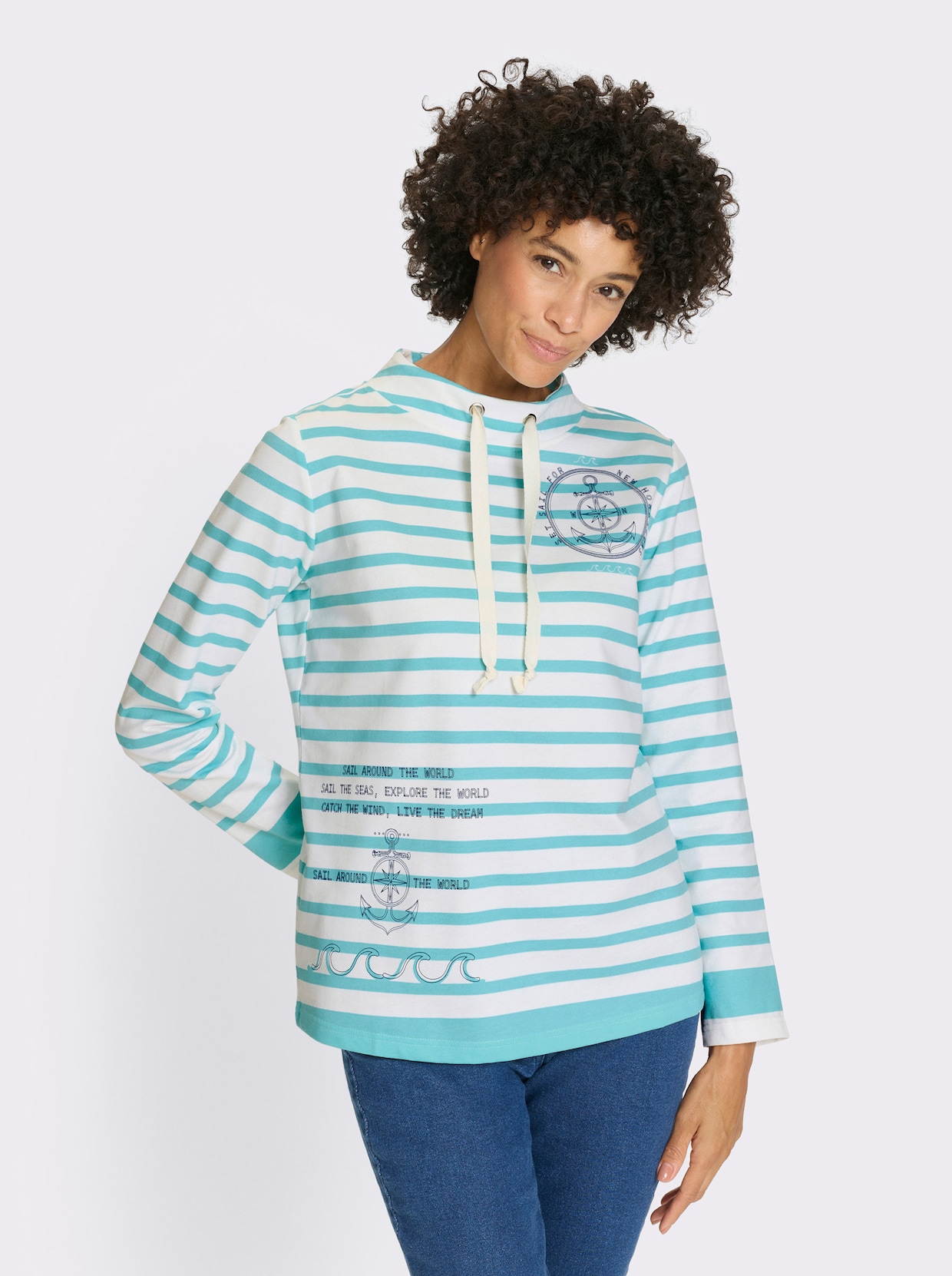 Sweatshirt - aquamarin-ecru-geringelt