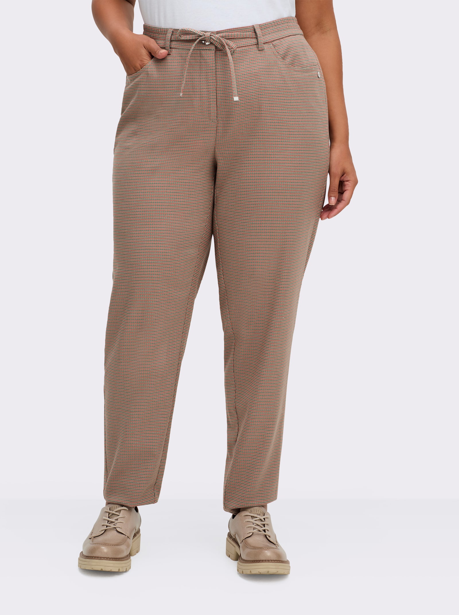 sheego Comfortbroek met in het garen geverfde ruiten en bindceintuur - leem gedessineerd