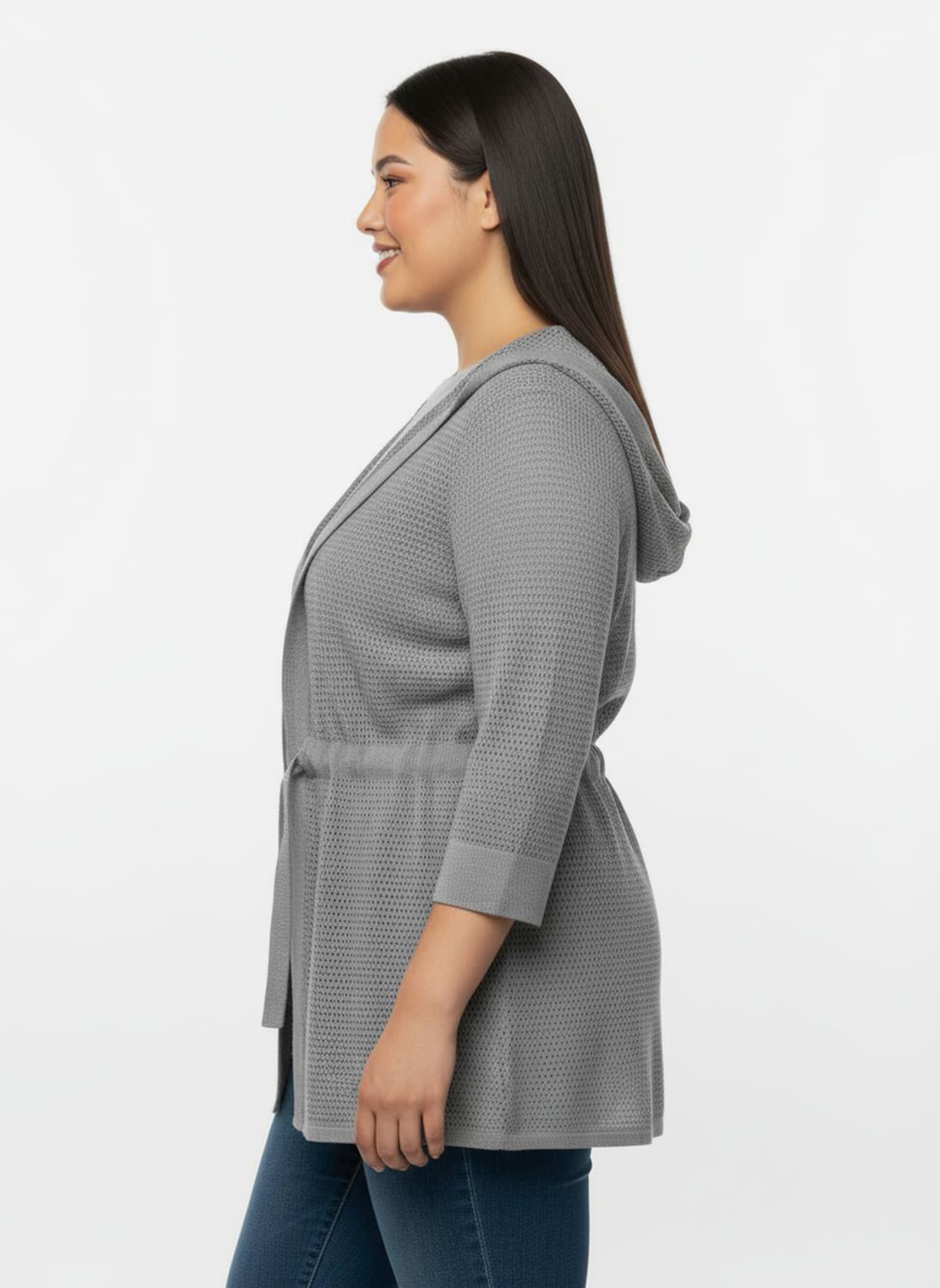 Ajourstrickjacke mit Glanzgarn - steingrau