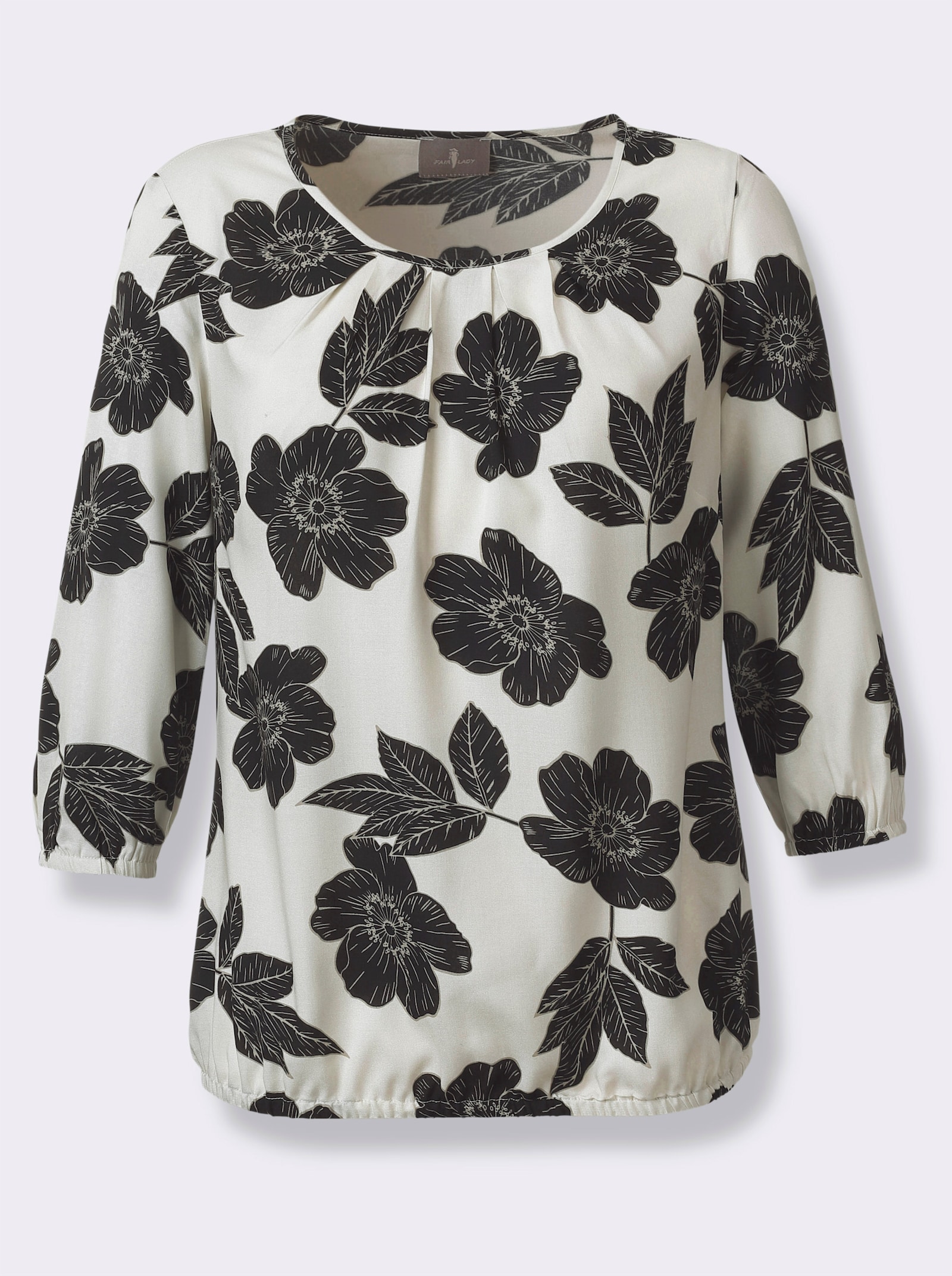 Druckbluse mit elastischen Bündchen - champagner-schwarz-bedruckt