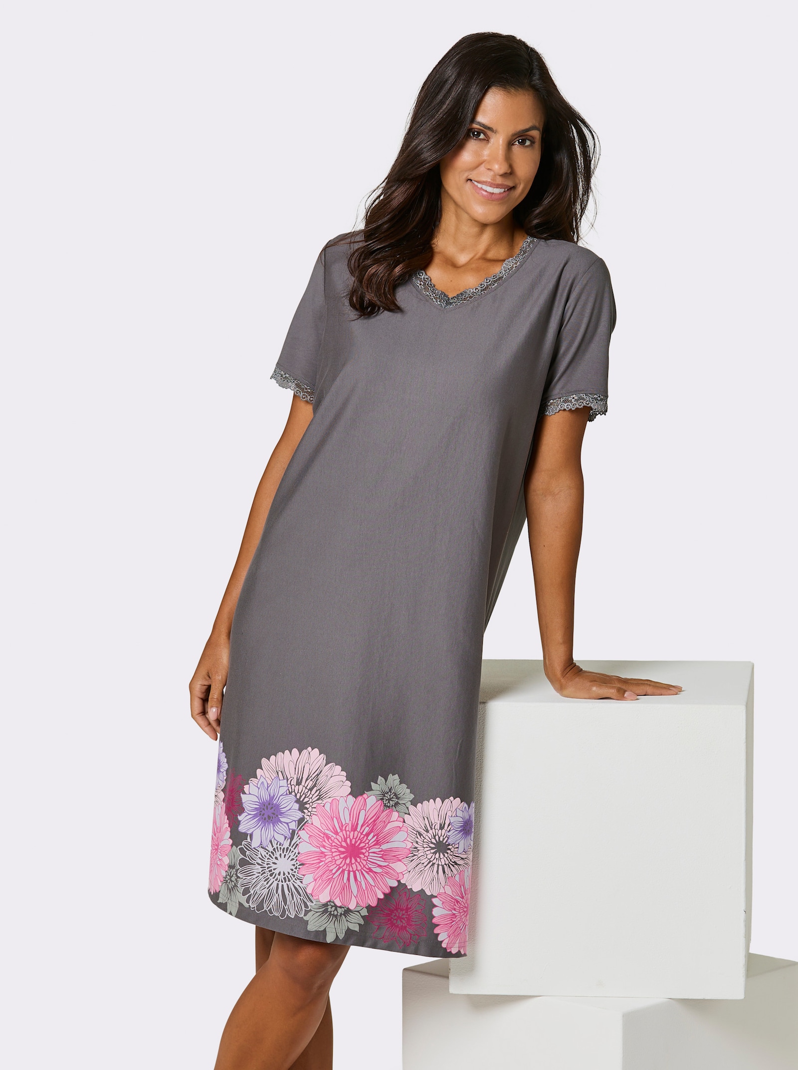wäschepur Kurzarm-Sleepshirt mit Blumenbordüre - anthrazit-fuchsia-bedruckt