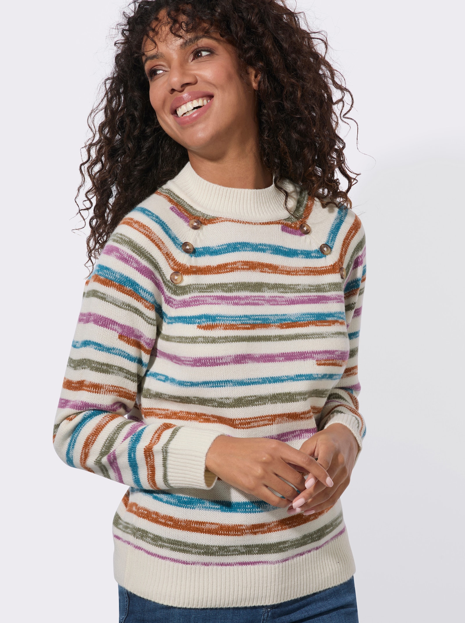  Langarm-Pullover mit Horn-Optik-Knöpfen - topas-cognac-gemustert