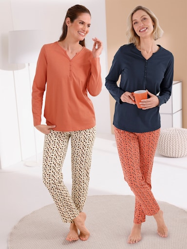 wäschepur Schlafanzüge aus reiner Baumwolle - marine-papaya-bedruckt + papaya-elfenbein-bedruckt