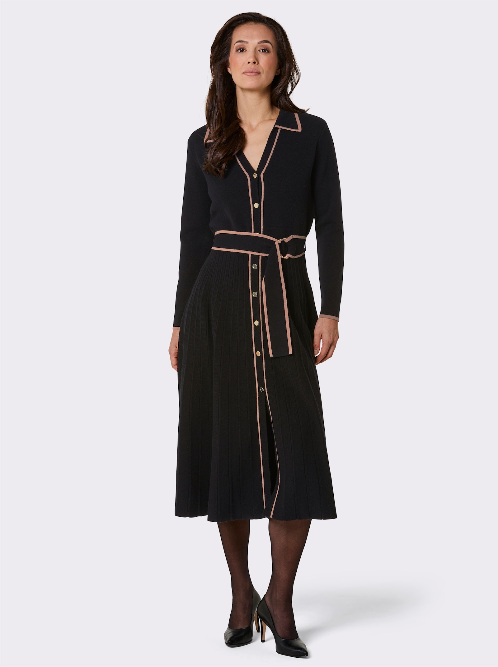 CREATION L PREMIUM Strickkleid inklusive Bindegürtel - schwarz-camel