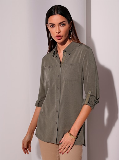 Longline blouse - zwart/camel gemêleerd