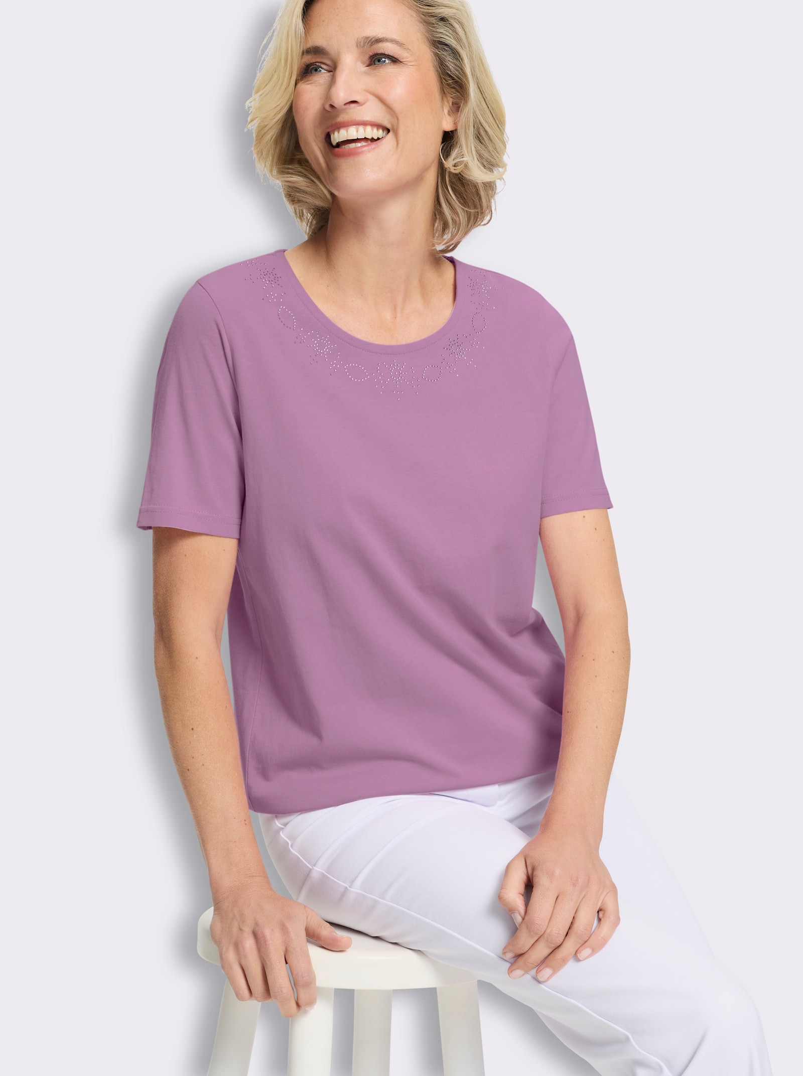 Kurzarmshirt mit Glitzersteinchen-Applikation - orchidee
