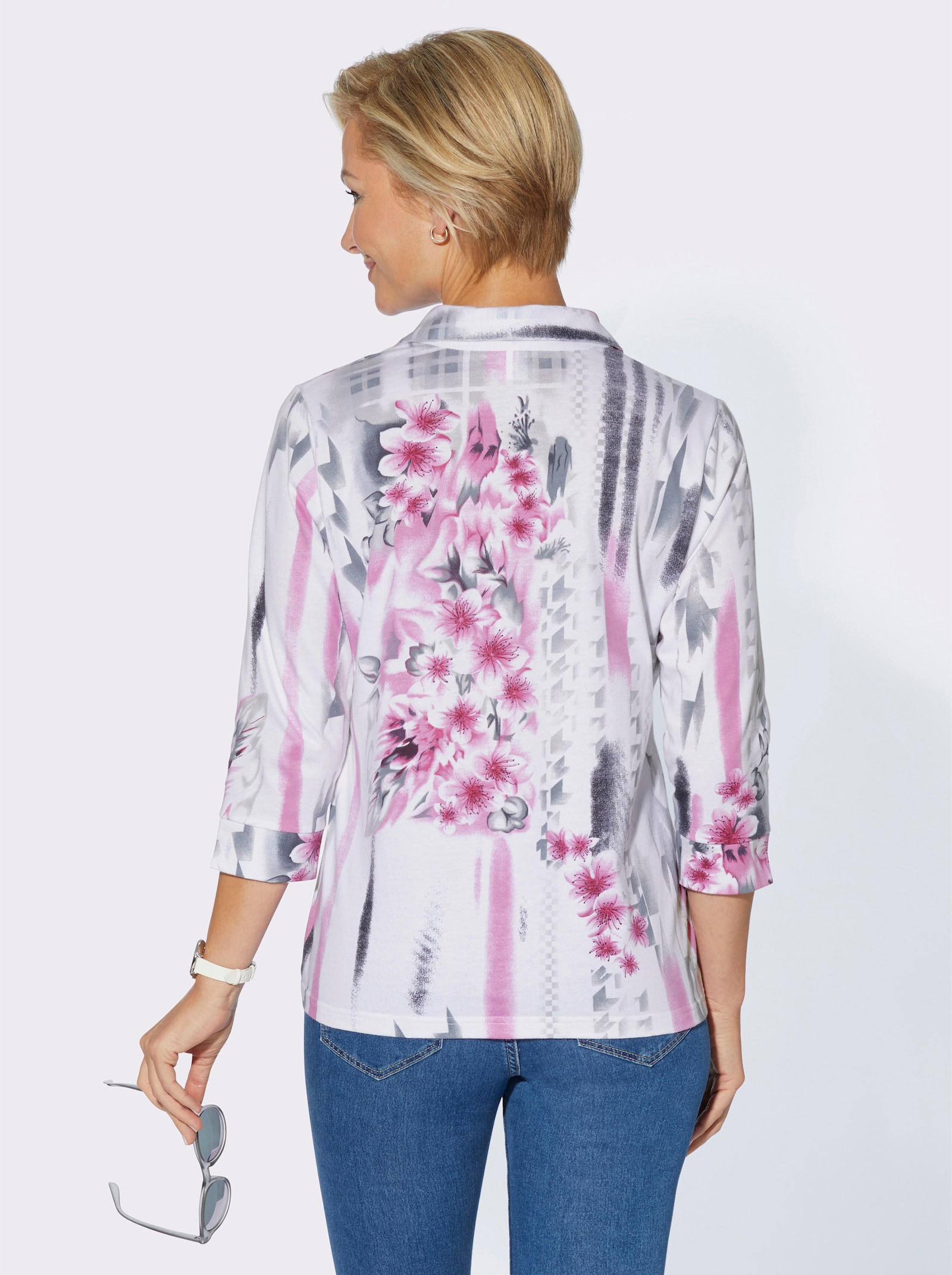 Poloshirt met versiering van glittersteentjes - malve/steengrijs bedrukt