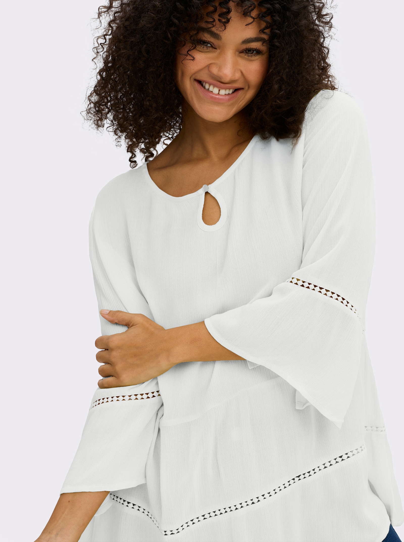 sheego Tunika mit 3/4-Arm und Lochmusterborte - ecru