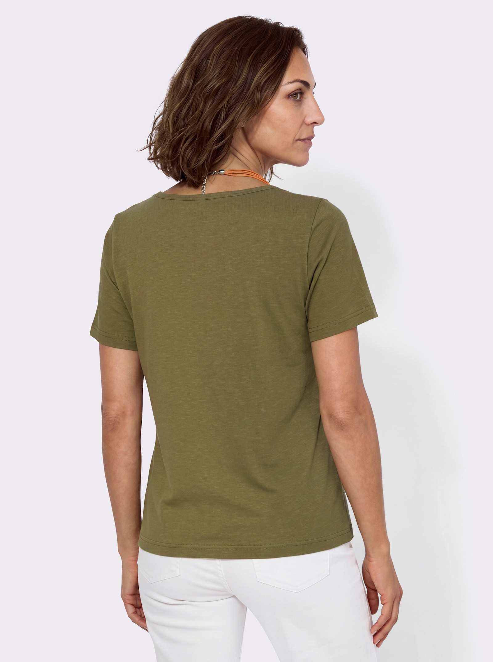 Kurzarmshirt mit Knöpfen in Perlmutt-Optik - oliv