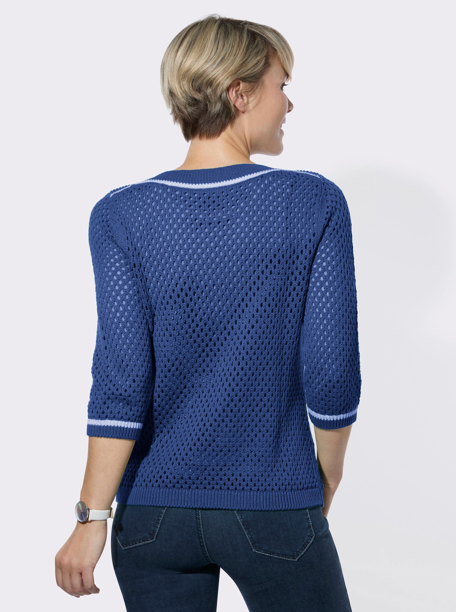 3/4-Arm-Pullover mit Ajourstrickmuster - royalblau