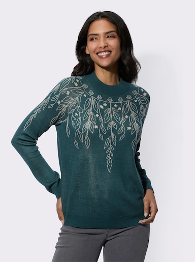 Stehkragenpullover mit Ranken-Strickmuster - petrol-sand