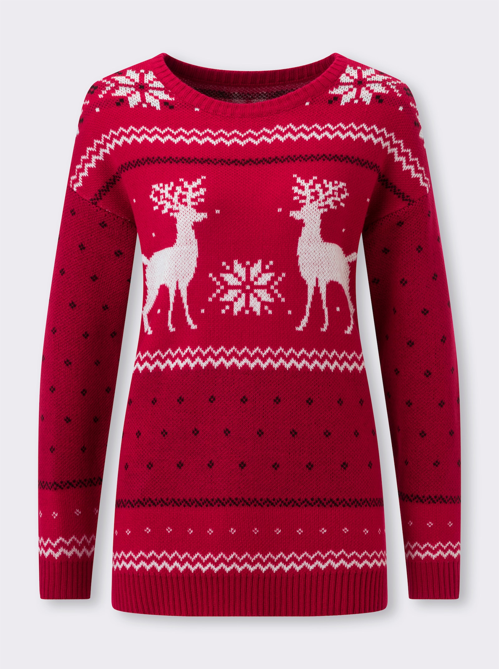 Svetr s dlouhým rukávem s motivem soba - červená-ecru-vzor