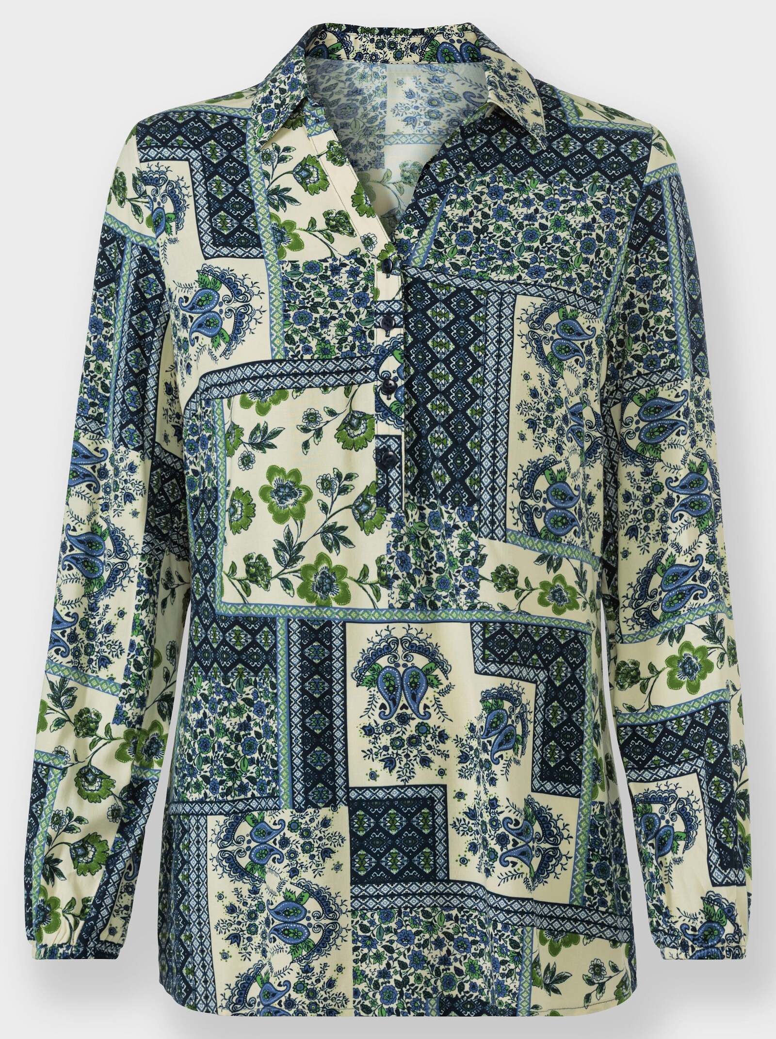 Longbluse im Patchwork-Muster - marine-champagner-bedruckt
