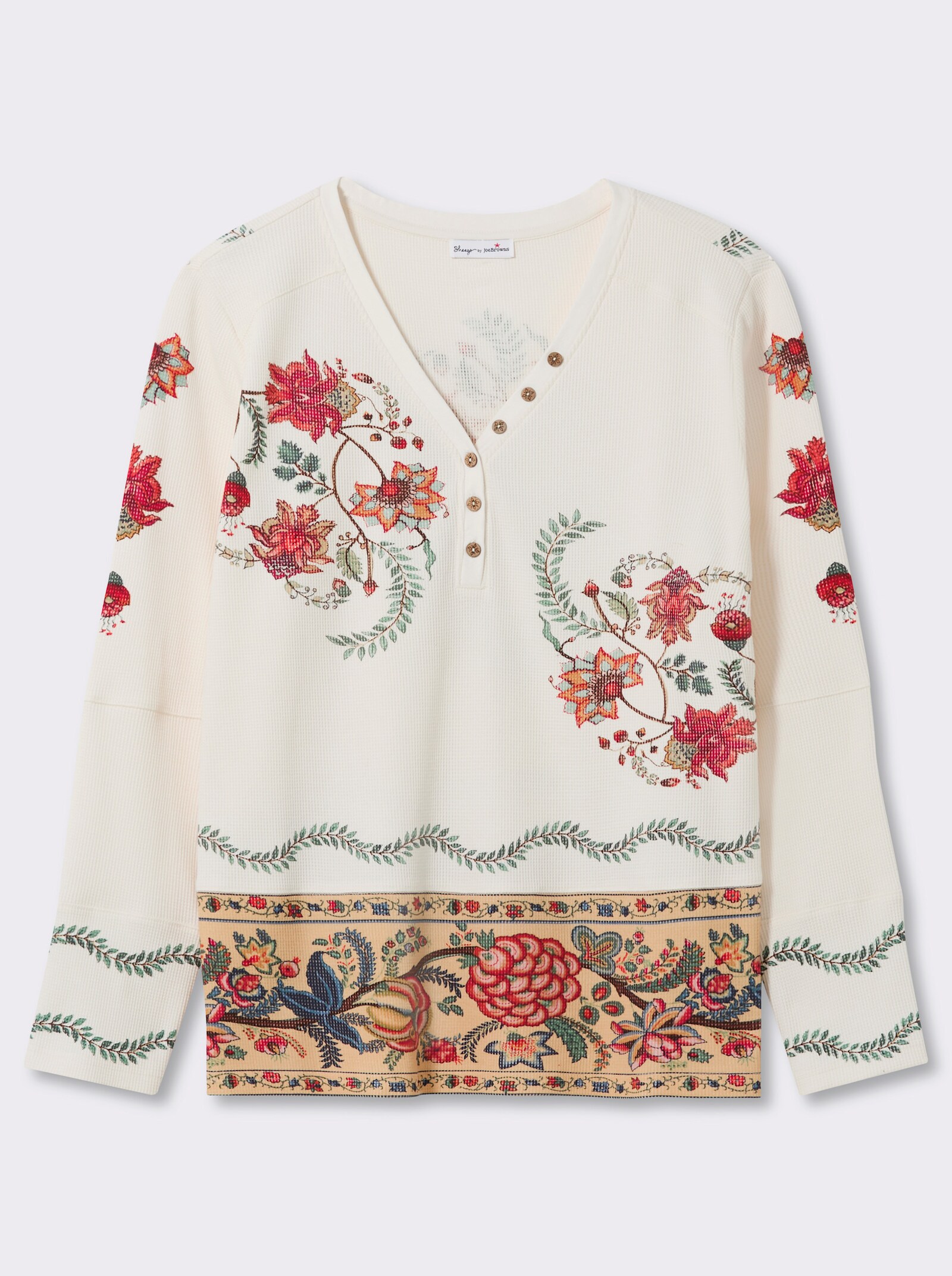 sheego by Joe Browns Langarmshirt mit Blumendruck und Holzknöpfen - champagner-rostrot-bedruckt
