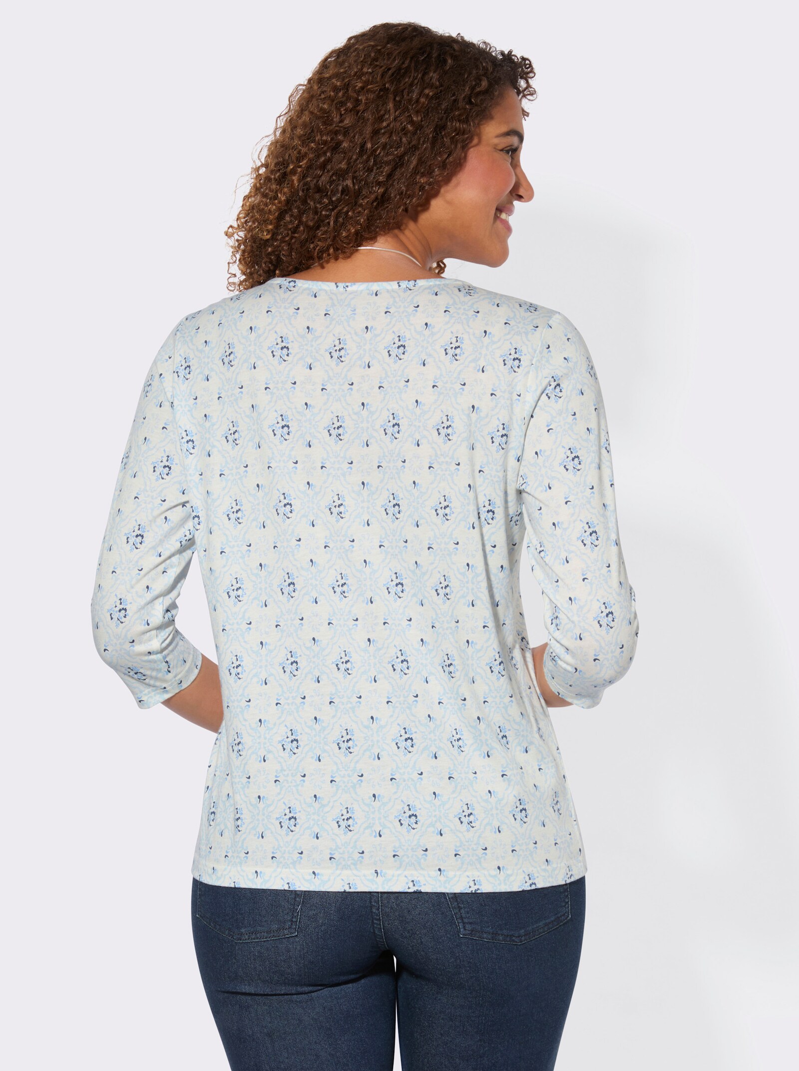 Print-Shirt mit Rundhals-Ausschnitt - ecru-dunkelblau-bedruckt