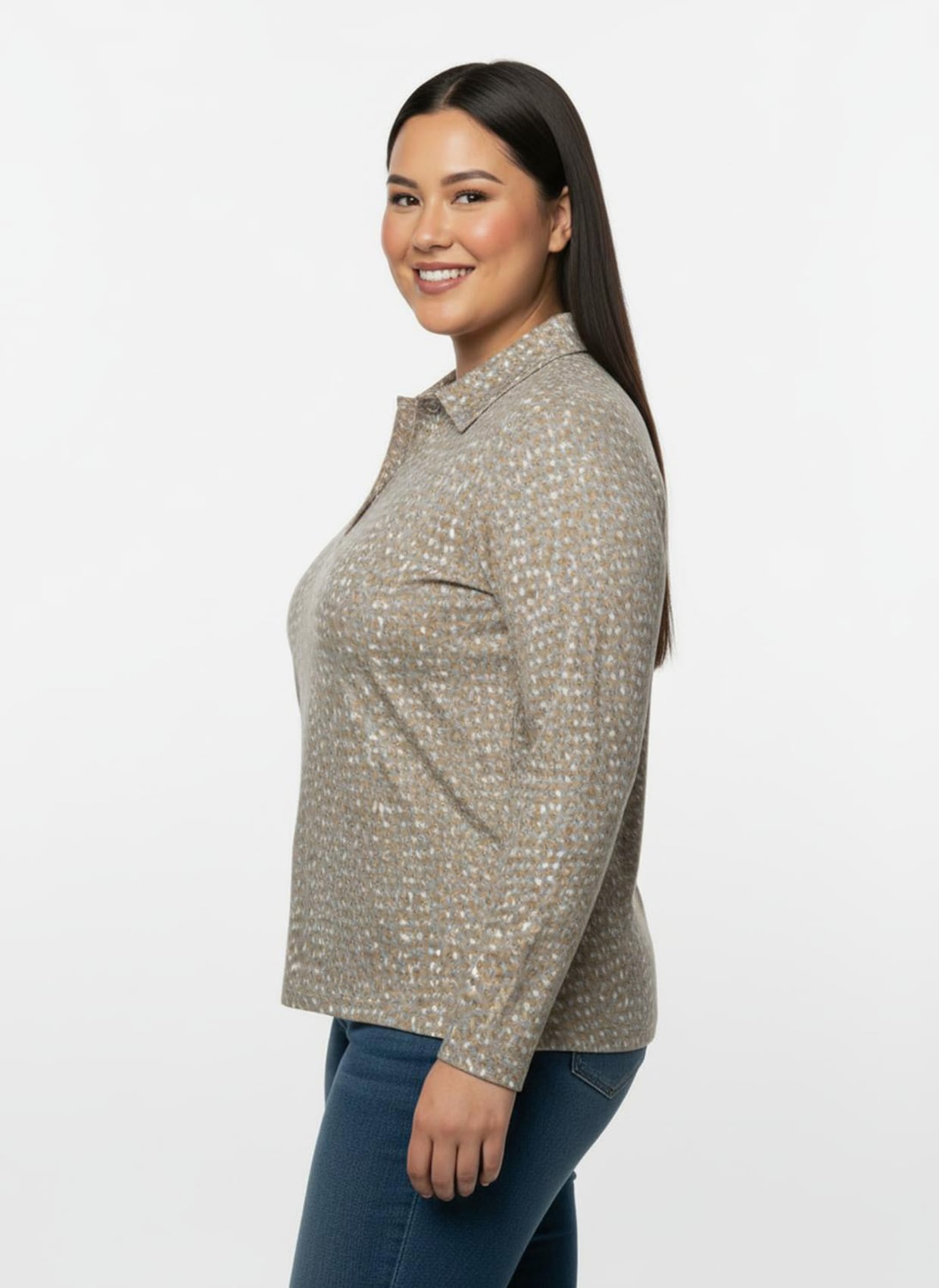 Poloshirt mit Knopfleiste - camel-steingrau-bedruckt