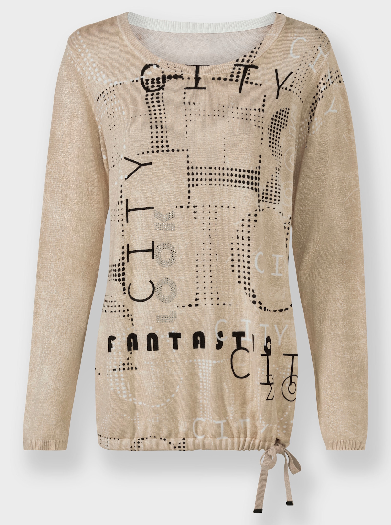 heine Rundhalspullover mit weitenregulierbarem Saum - sesam-schwarz-bedruckt