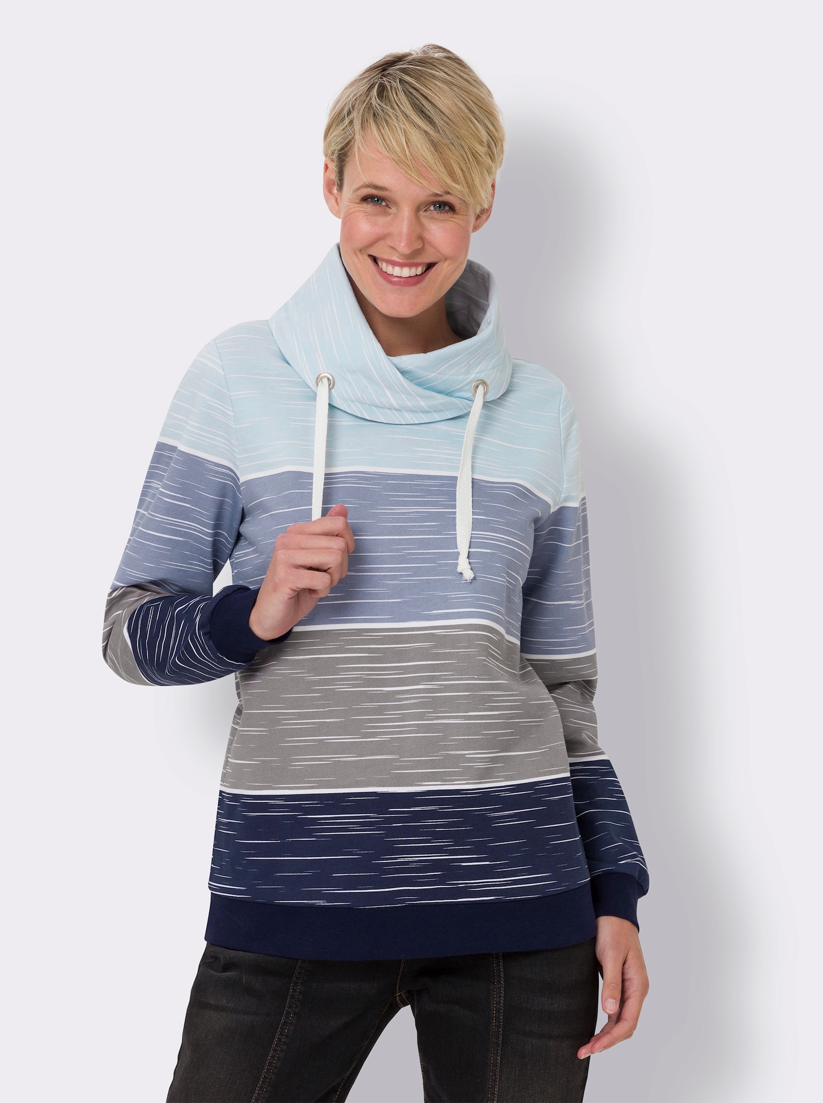 Sweatshirt mit überlappendem Rollkragen - marine-hellblau-bedruckt