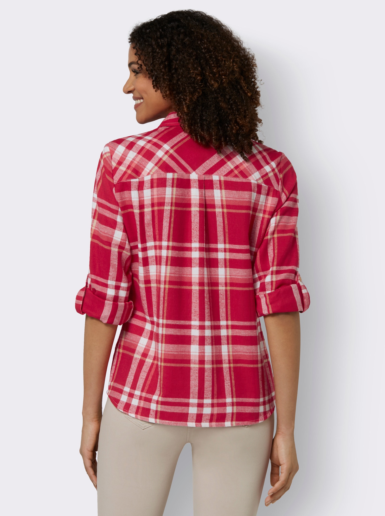 Flanellen blouse met opstroopbare mouwen - rood/camel geruit