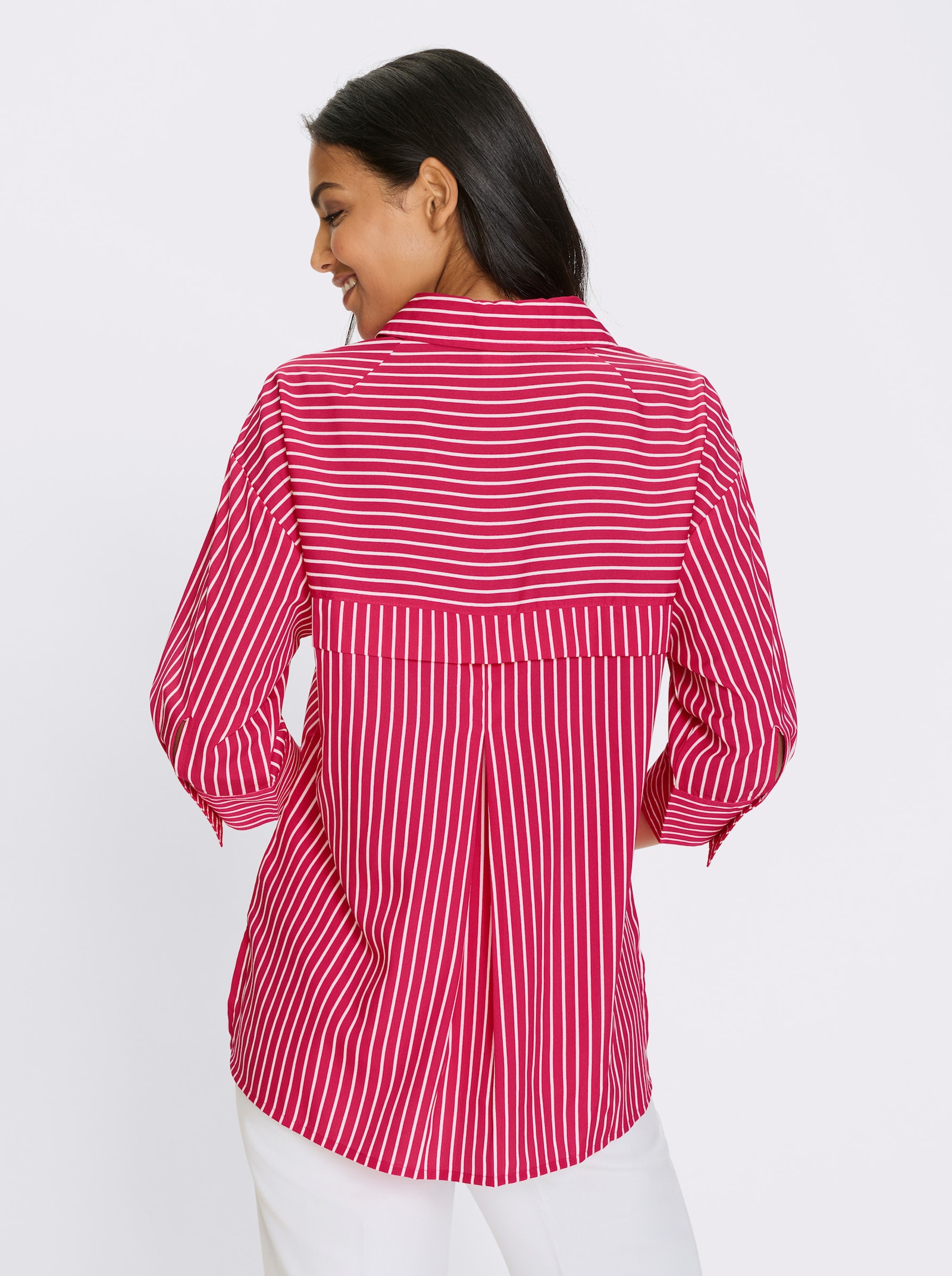 Longbluse mit Kellerfalte im Rückteil - weiss-pink-gestreift